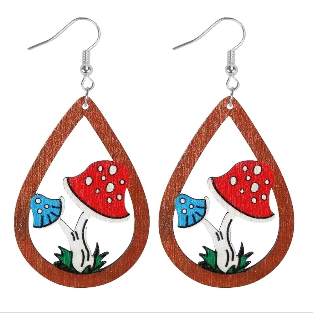 Wooden Teardrop Shaped Mushroom Designed Earrings